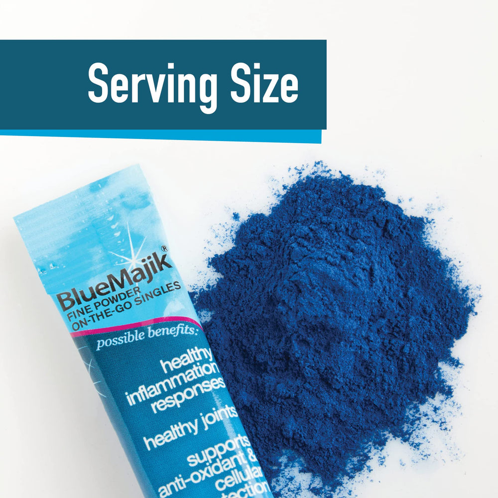 Product branding and packaging details for E3LIVE Blue Majik On-The-Go-Singles