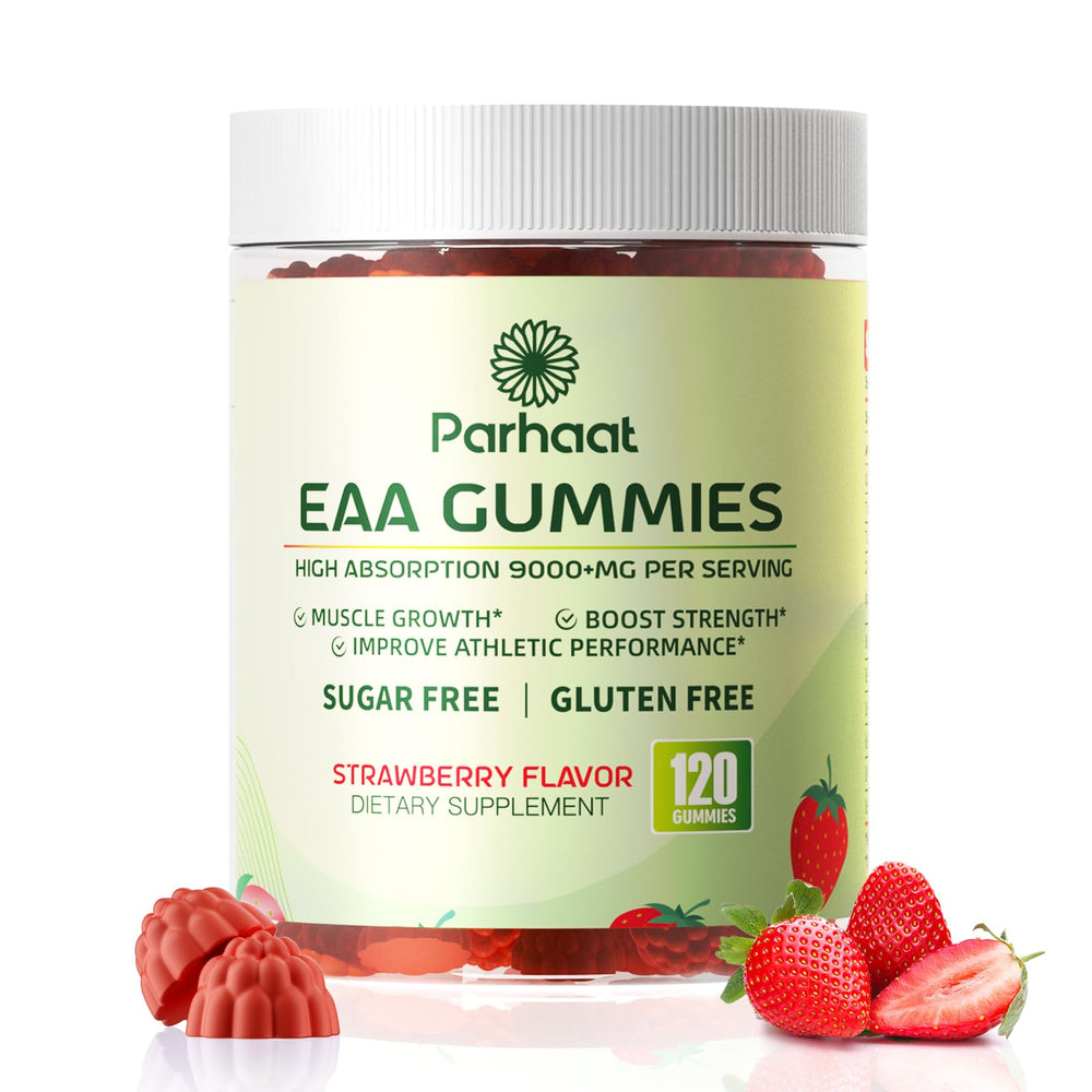 Bottle front of EAA Gummies Strawberry flavor