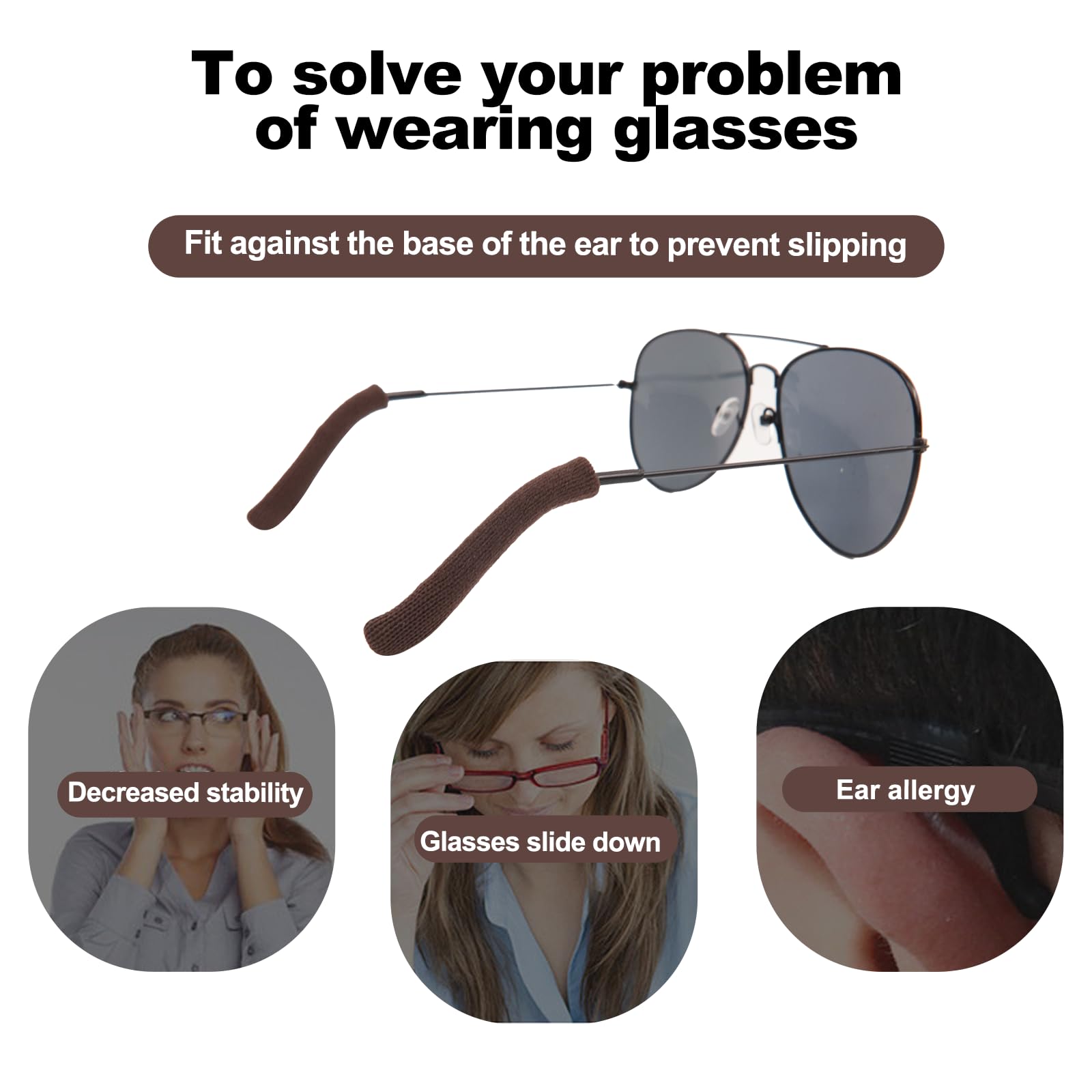 Ear grips compatible with most eyeglasses and sunglasses