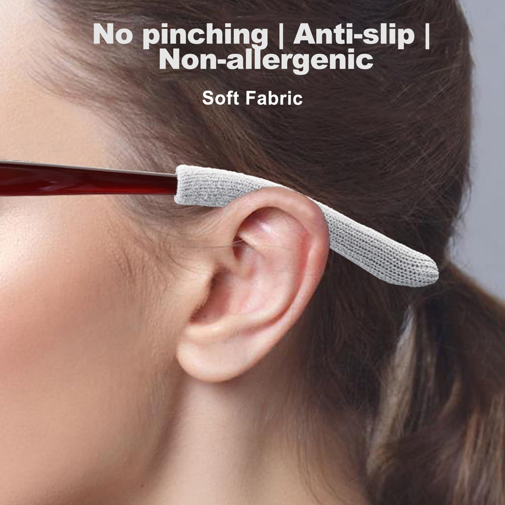 Model wearing ear grips on glasses for all ages