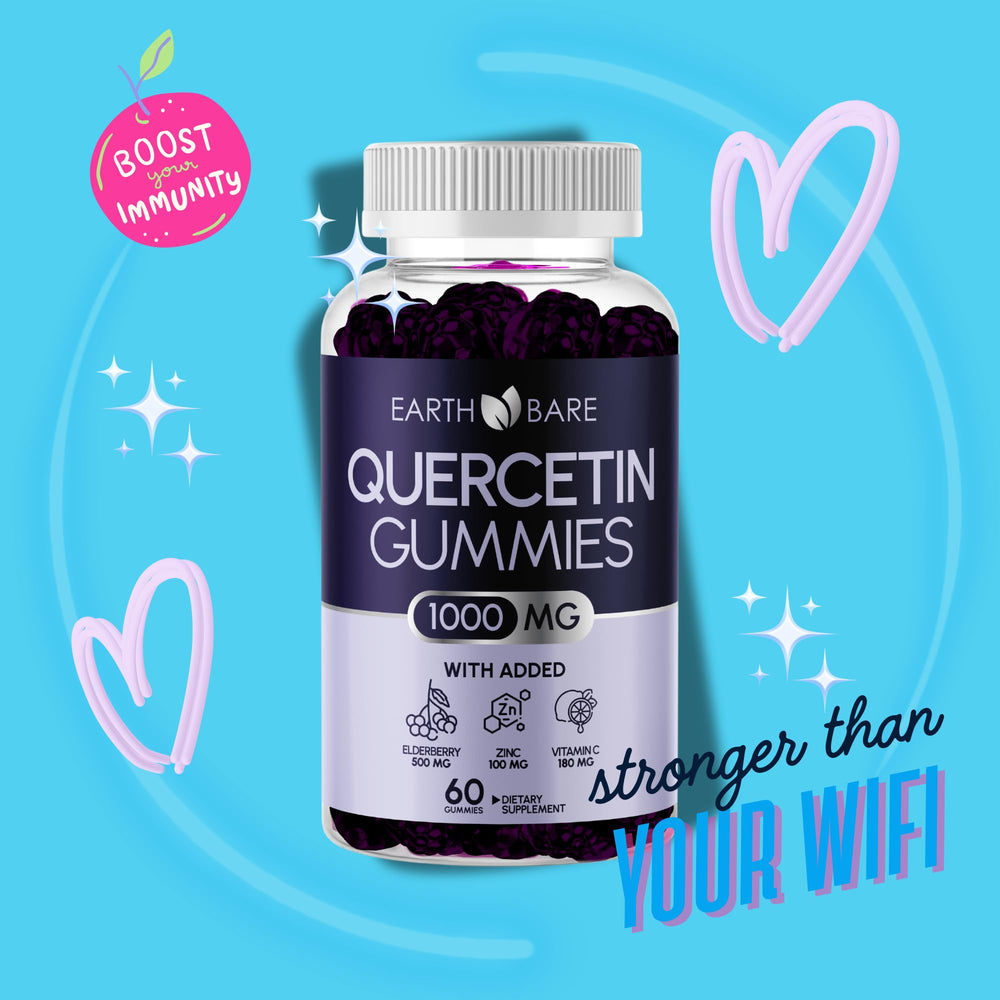Product shot of Earth Bare Quercetin Gummies - vegan, non-GMO and berry flavor