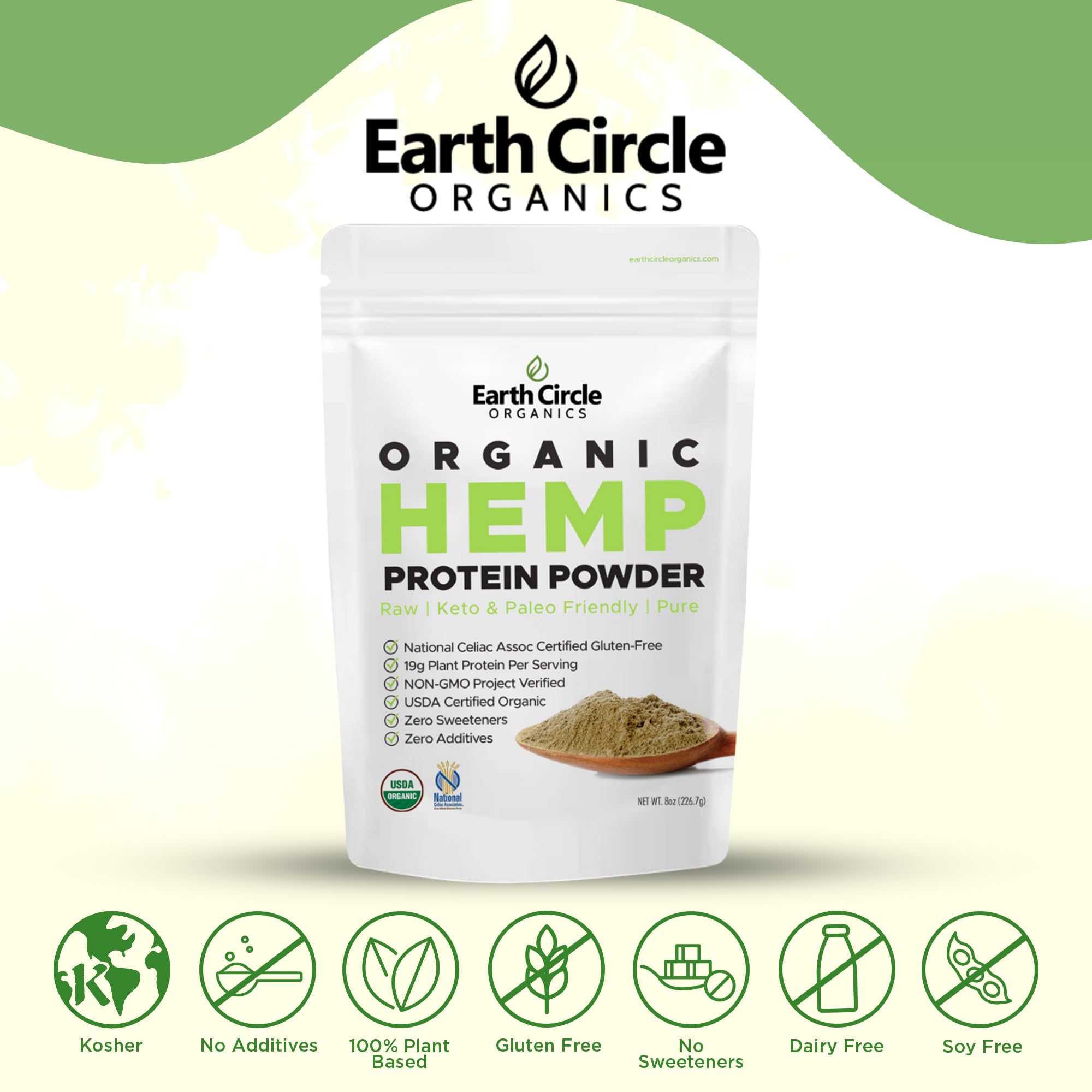 Earth Circle Organics hemp protein powder kitchen ingredients showing natural hemp powder