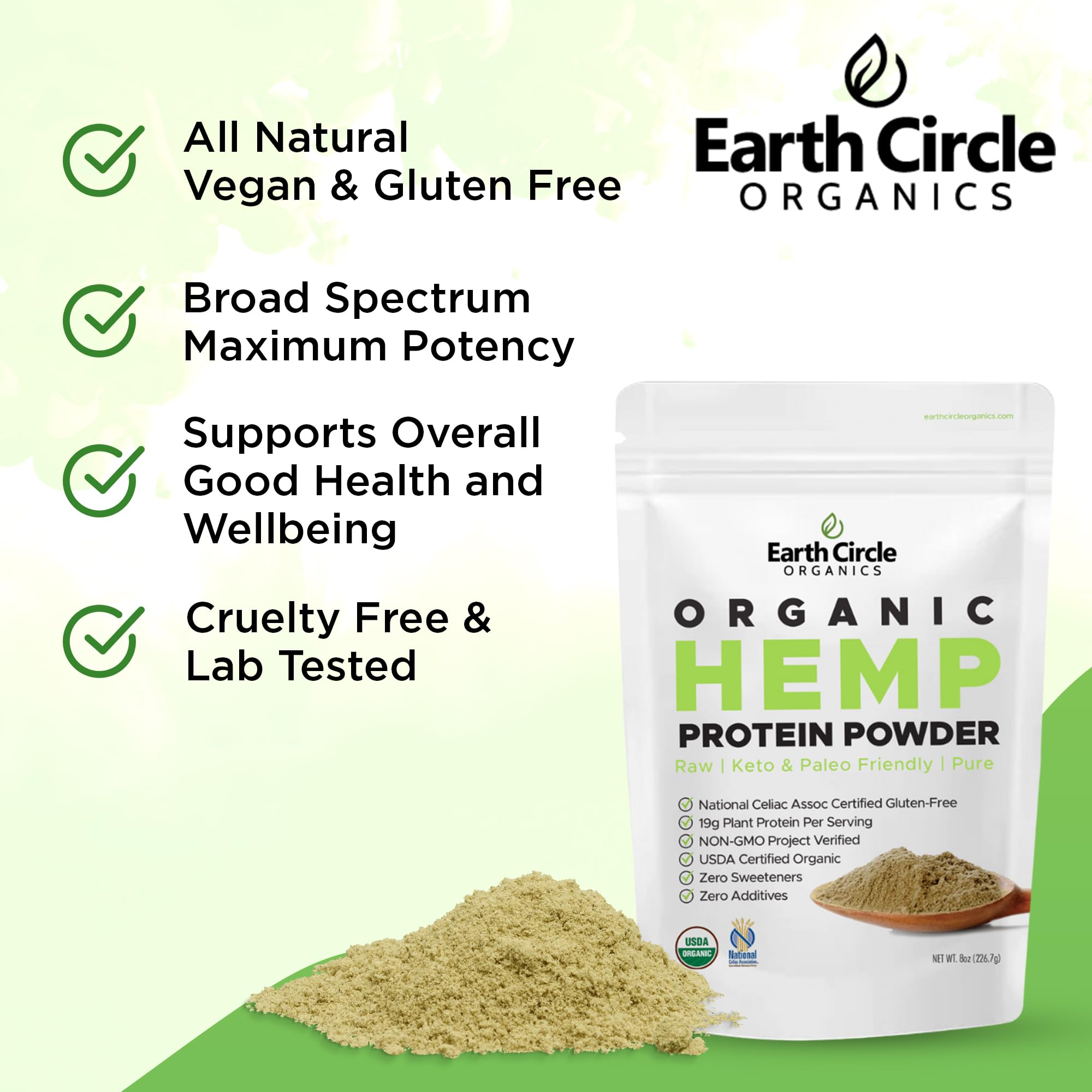 Earth Circle Organics hemp protein powder label closeup confirms gluten-free and vegan ingredients