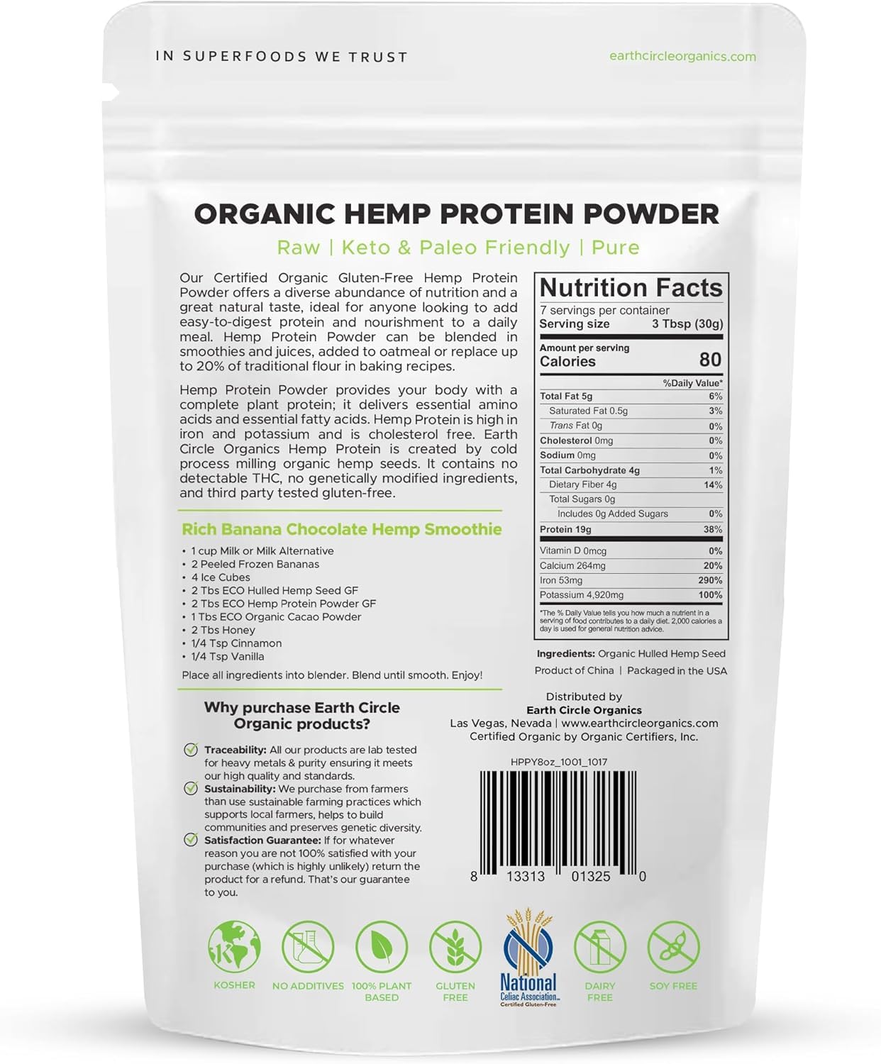 Earth Circle Organics hemp protein powder scoop closeup showing fine texture for smoothies