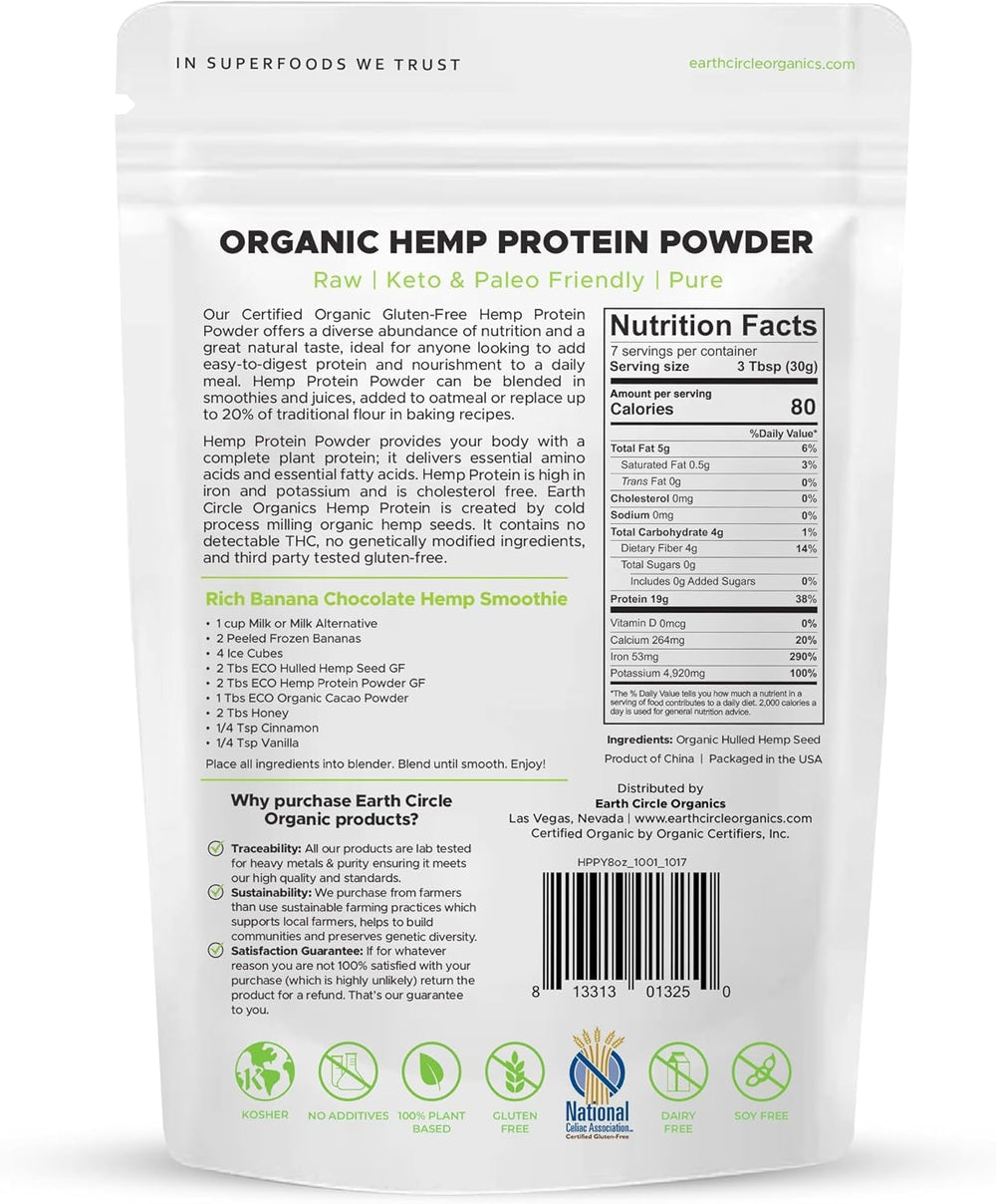 Earth Circle Organics hemp protein powder scoop closeup showing fine texture for smoothies