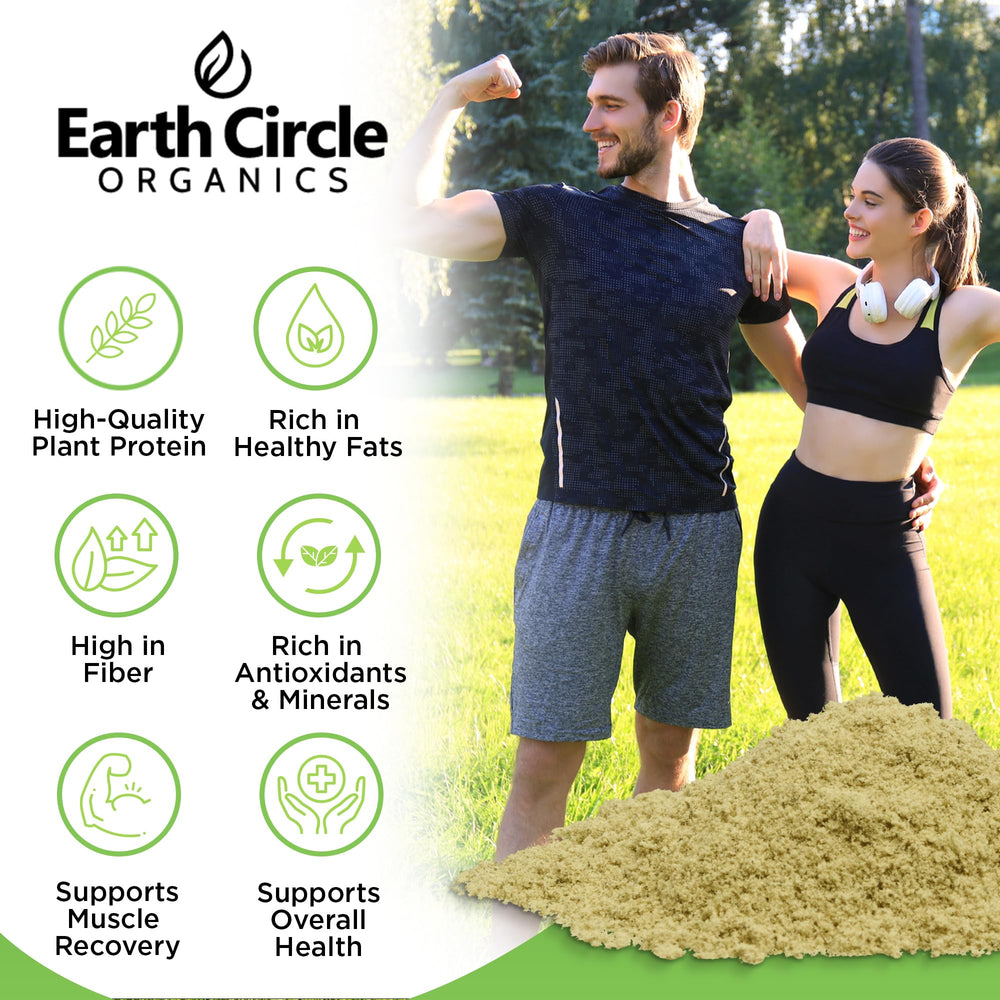 Earth Circle Organics hemp protein powder shake glass emphasizes quick dissolving for shakes