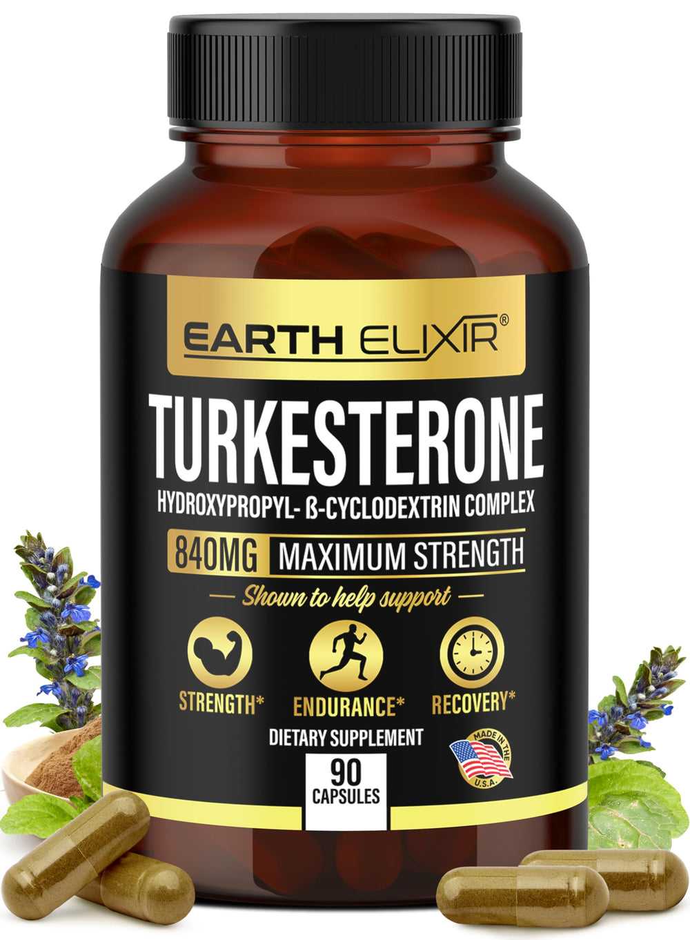 Bottle of Earth Elixir Turkesterone 840 mg (90 capsules) Made in USA