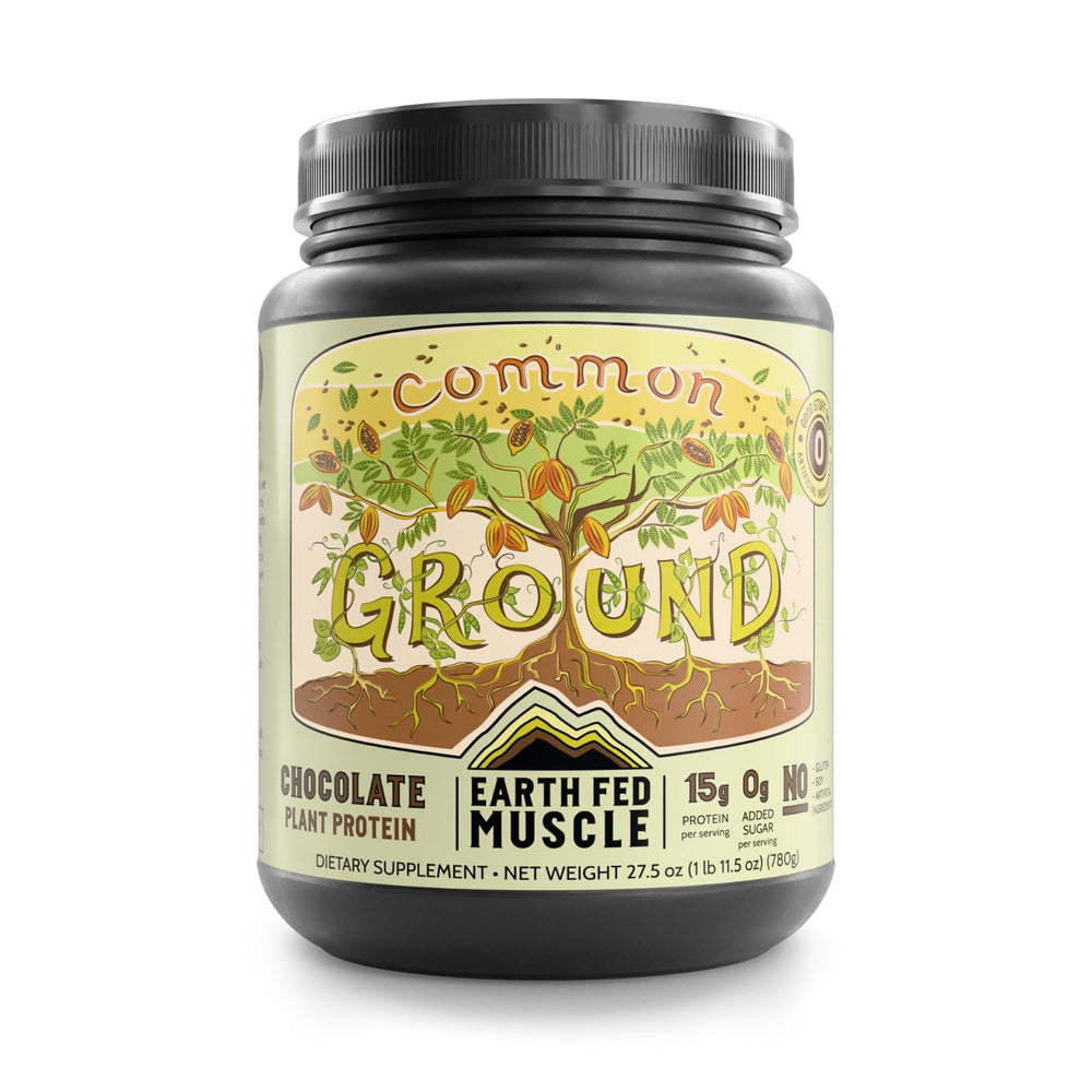 Earth Fed Muscle Common Ground Plant Protein canister front for clean protein essentials.