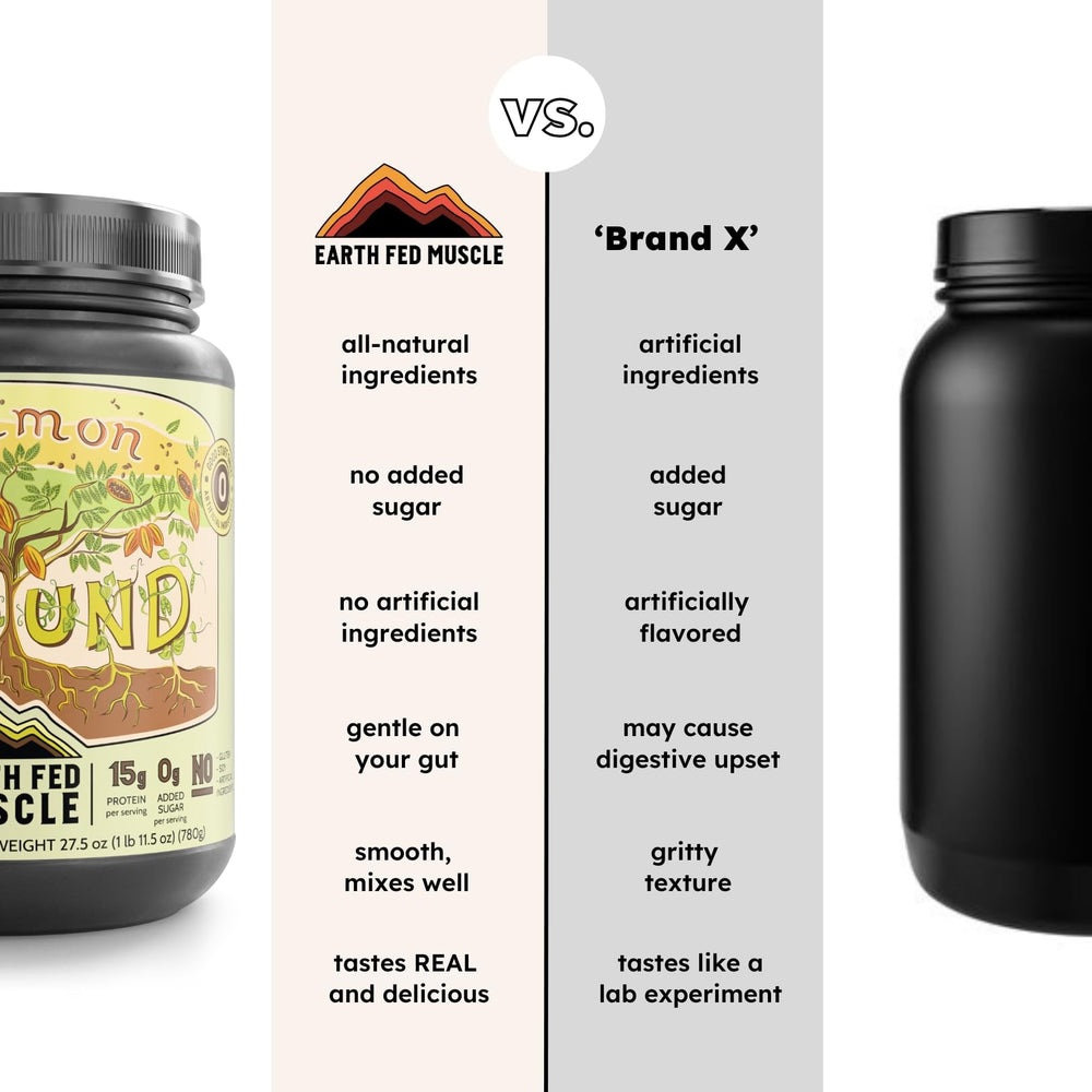 Earth Fed Muscle Common Ground Plant Protein hemp closeup signals plant-based protein texture.