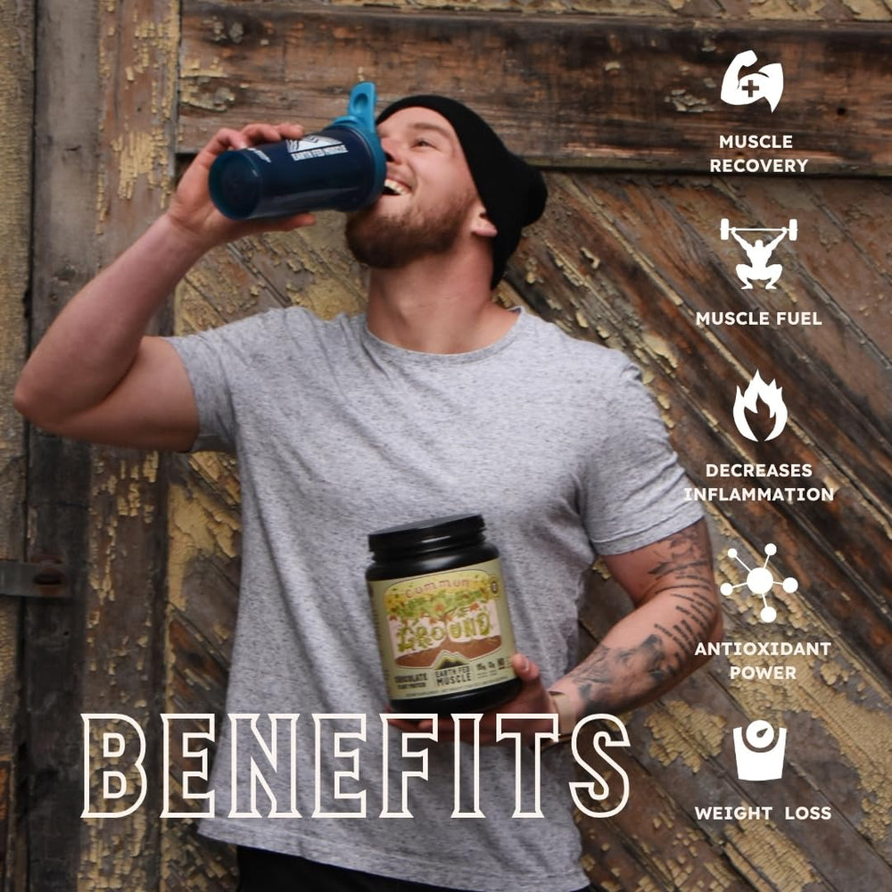 Earth Fed Muscle Common Ground Plant Protein USA-manufactured label conveys quality.