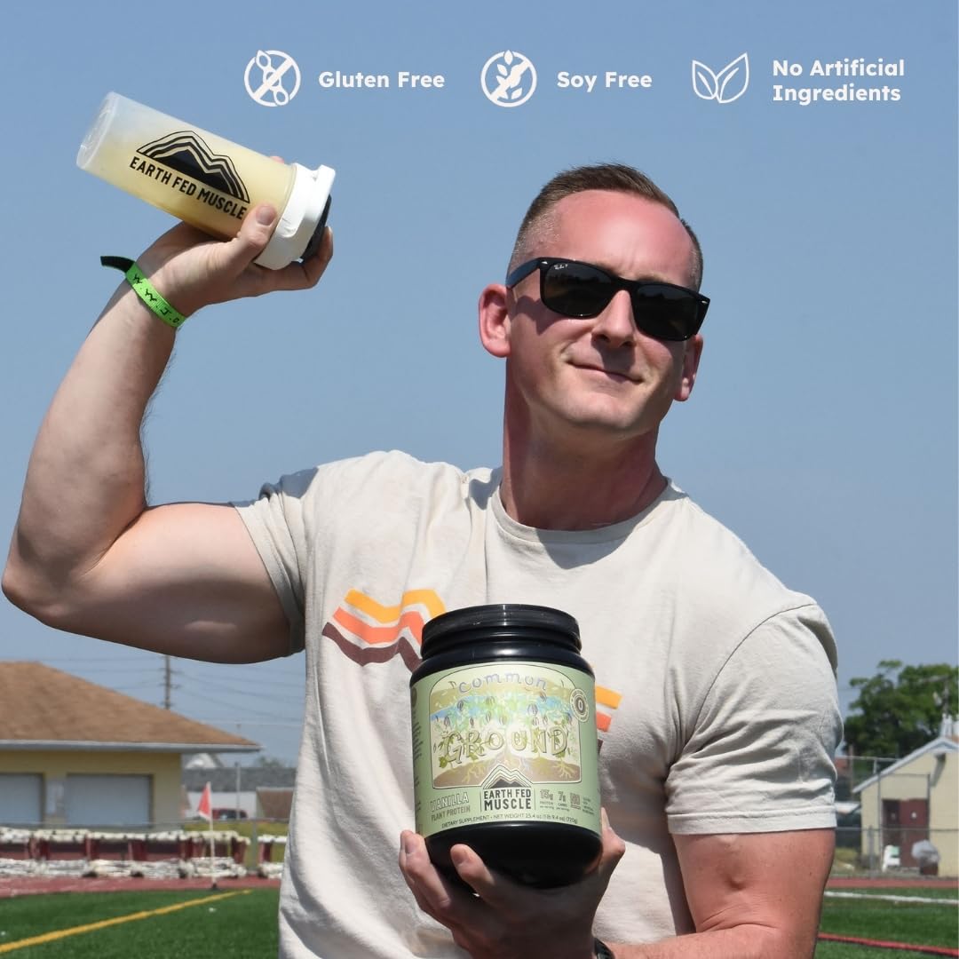 Earth Fed Muscle Common Ground Vanilla protein mix in glass, creamy texture.
