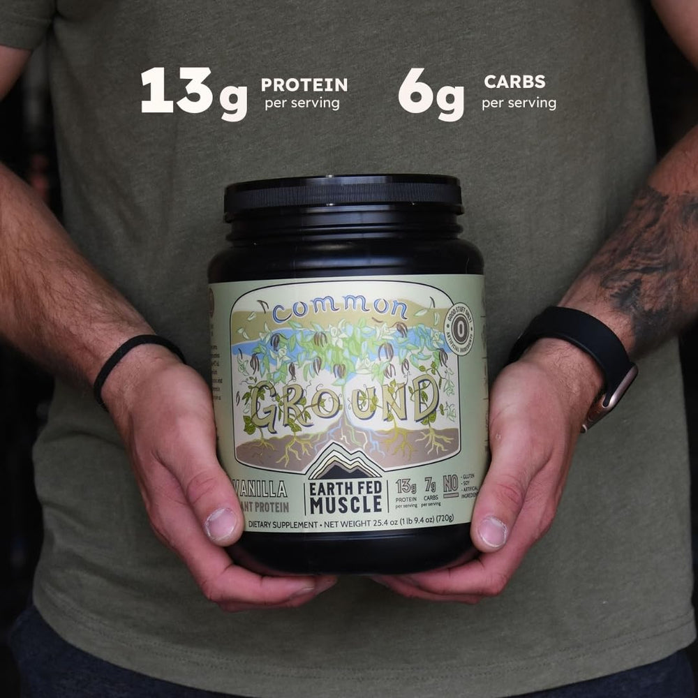 Earth Fed Muscle Common Ground Vanilla scoop in powder for easy mixing.