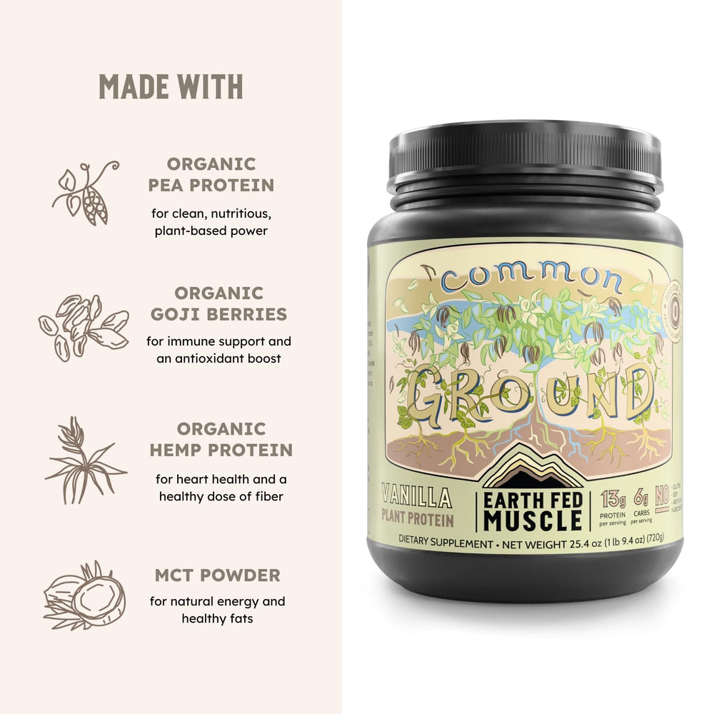 Earth Fed Muscle Common Ground Vanilla shake showing smooth, dairy-free beverage.