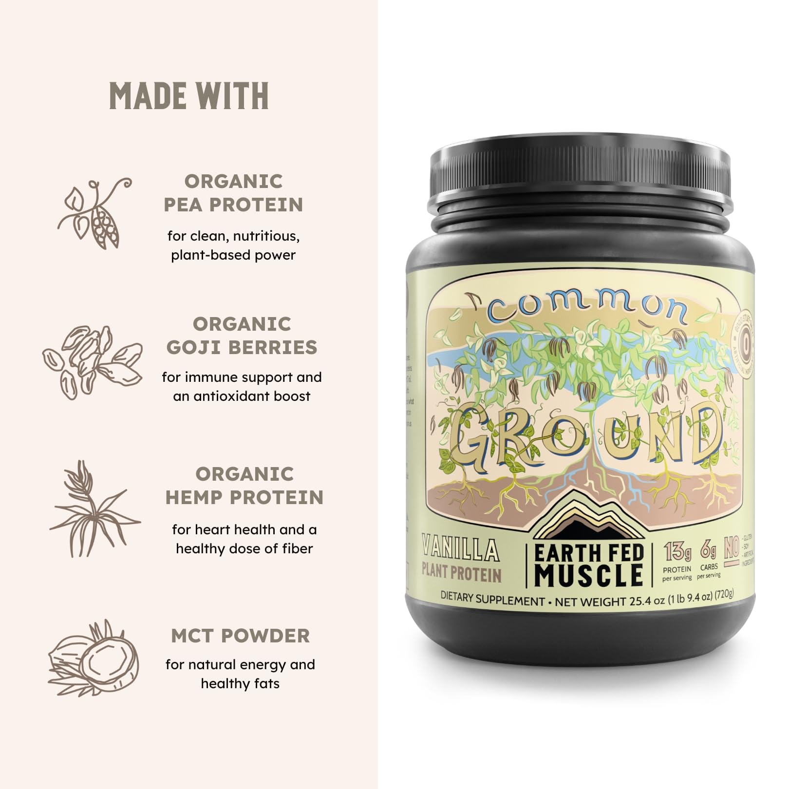 Earth Fed Muscle Common Ground Vanilla shake showing smooth, dairy-free beverage.