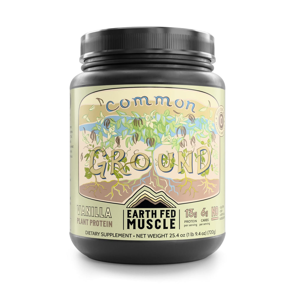 Earth Fed Muscle Common Ground Vanilla protein tub close-up for daily wellness.