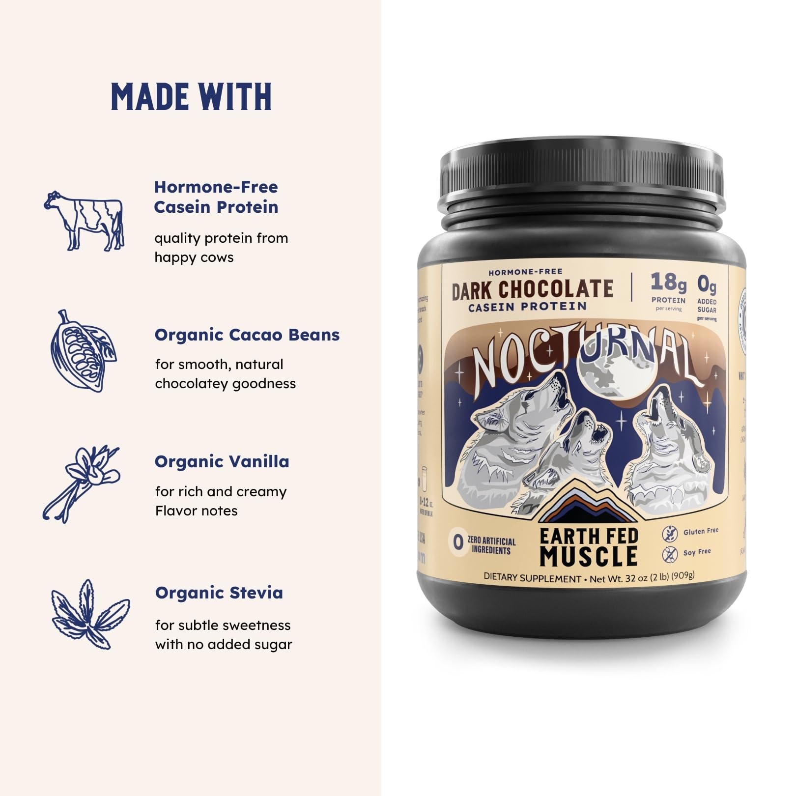 Earth Fed Muscle Nocturnal Casein dark chocolate powder close up with rich color.