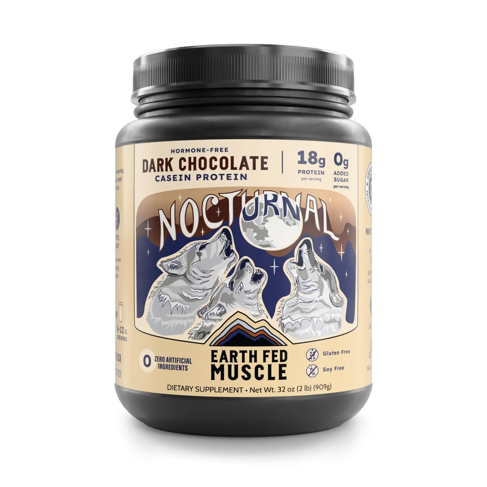 Earth Fed Muscle Nocturnal Casein tub front shows dark chocolate protein powder for nighttime recovery.