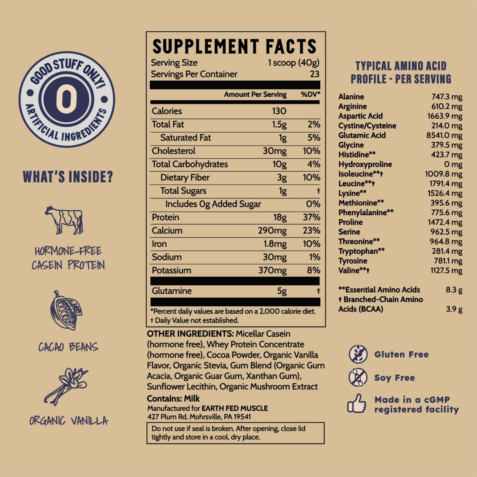 Earth Fed Muscle Nocturnal Casein USA manufactured label emphasizing family-owned production.