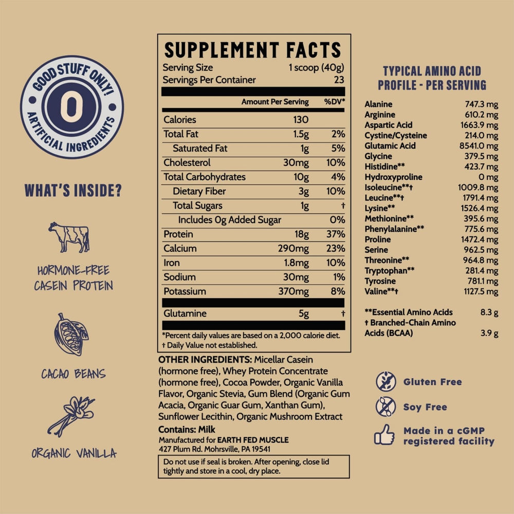 Earth Fed Muscle Nocturnal Casein USA manufactured label emphasizing family-owned production.