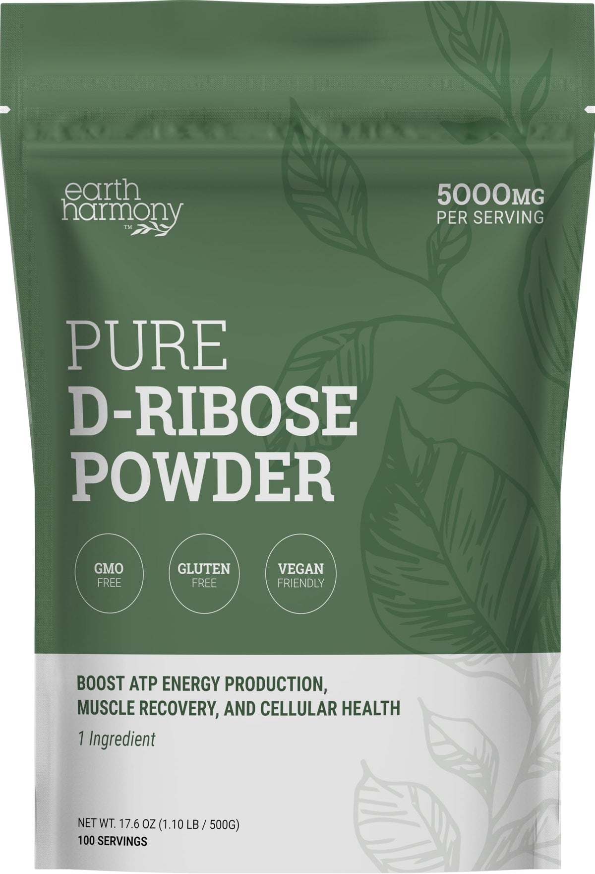 Earth Harmony Naturals D-Ribose Powder bottle highlights energy support for workouts.