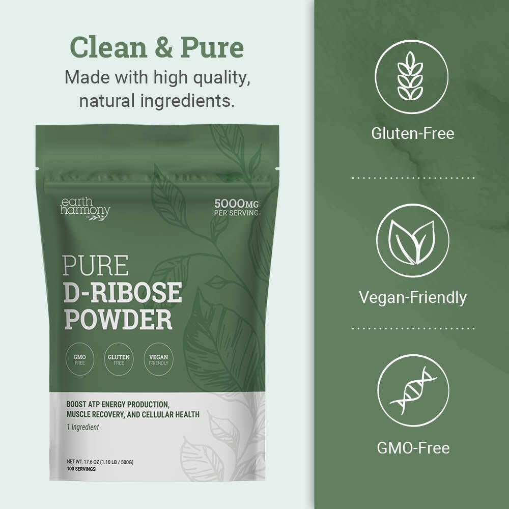 Earth Harmony Naturals D-Ribose Powder pouring scene suggests steady energy.