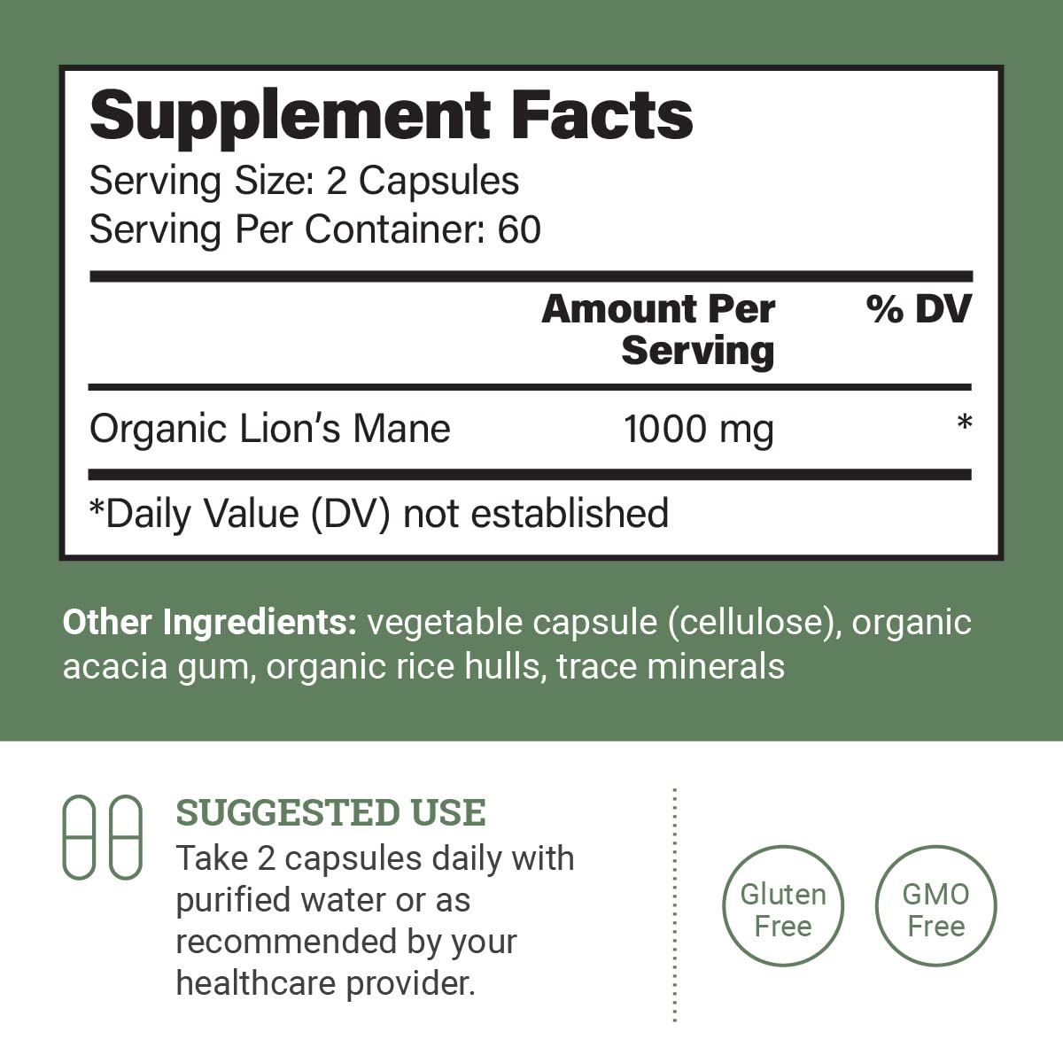 Front view of Earth Harmony Naturals Lions Mane 1000mg bottle