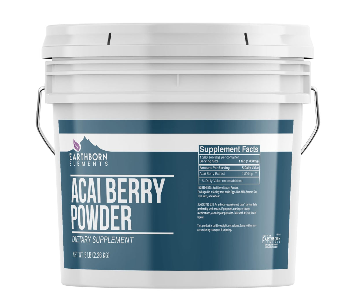 Earthborn Elements Acai Berry Powder in a resealable BPA-free bucket