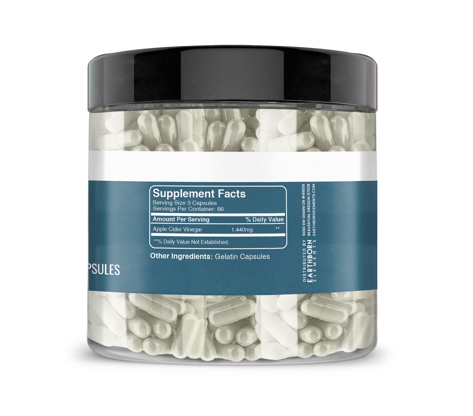 Earthborn Elements Apple Cider Vinegar capsules label closeup highlights purity with no additives.