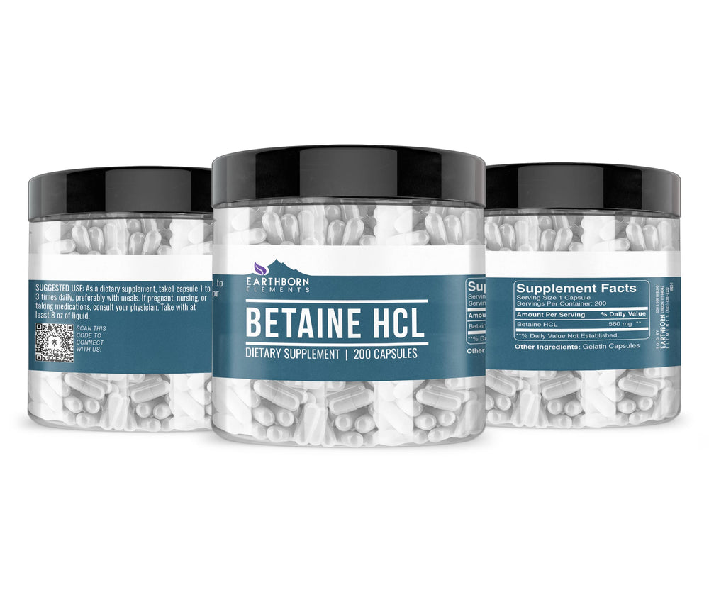 Close-up of Earthborn Elements Betaine HCl capsules