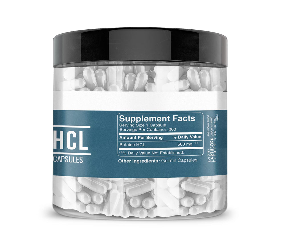 Bottle label close-up for Earthborn Elements Betaine HCl