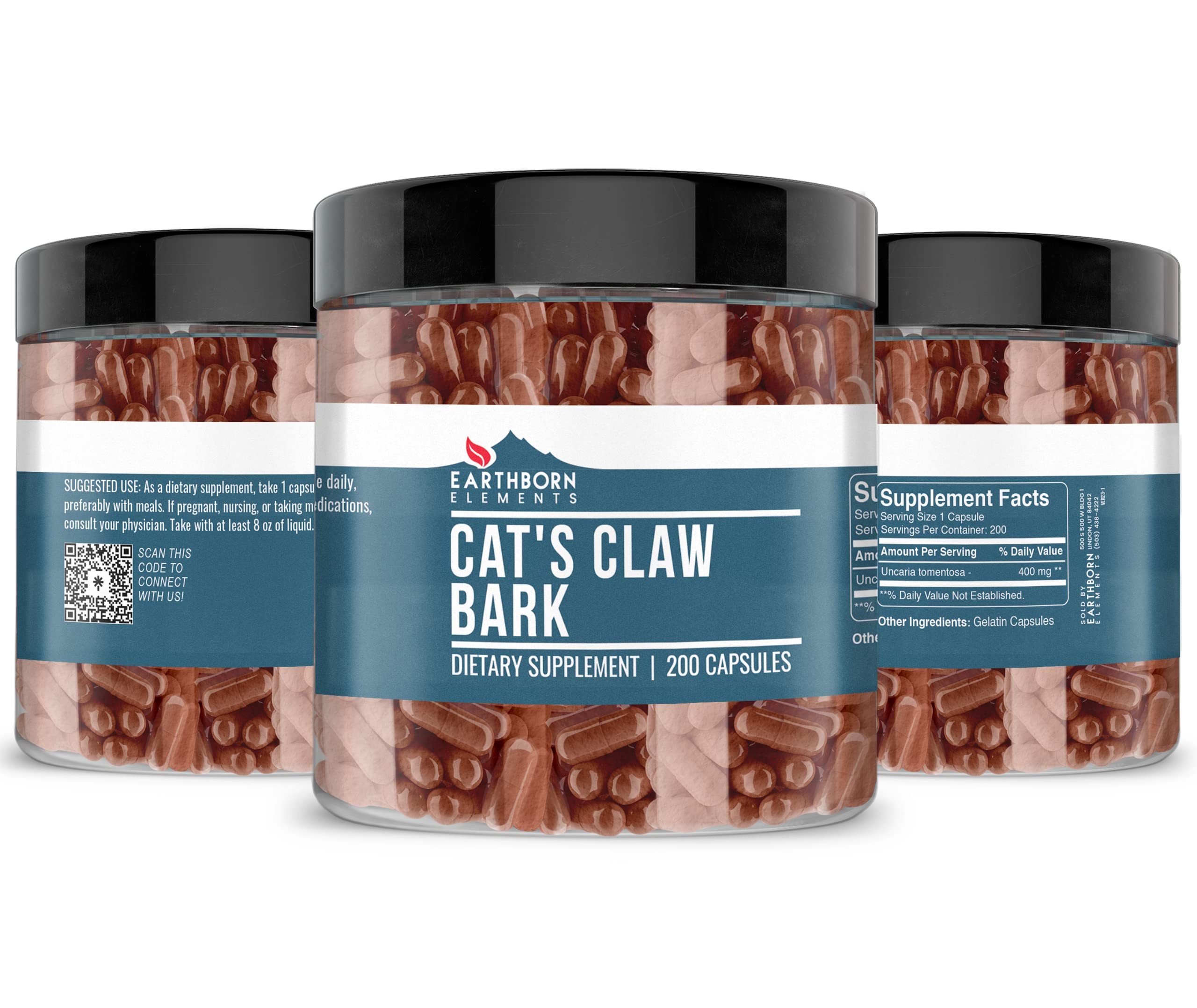 Close-up of Cat's Claw Bark capsules in bottle