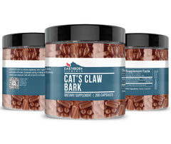 Close-up of Cat's Claw Bark capsules in bottle