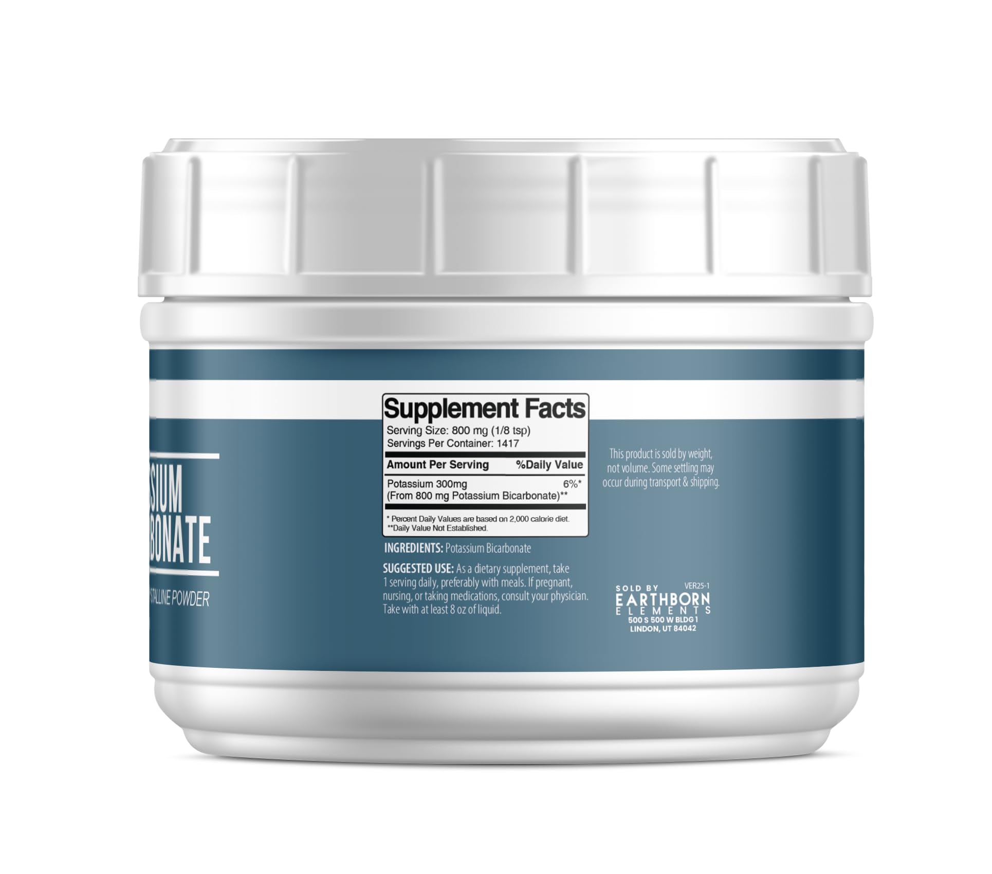 Close-up of resealable tub showing Potassium Bicarbonate label