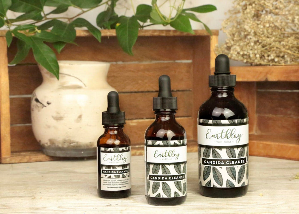 Earthley Wellness Candida Cleanse dropper dispensing tincture for easy dosing.