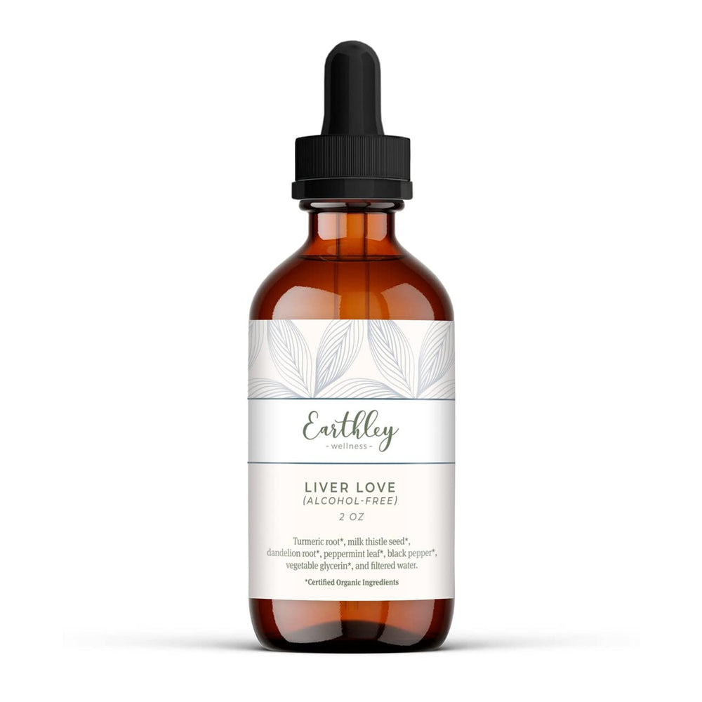 Earthley Wellness Liver Love bottle on wood, highlighting natural liver health.
