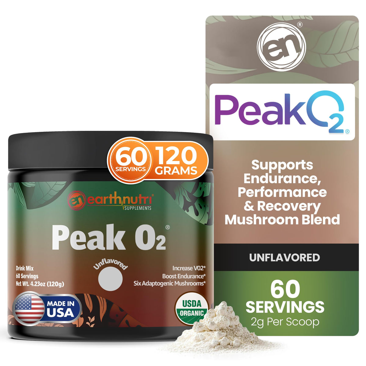 EarthNutri PeakO2 Mushroom Supplement bottle and label