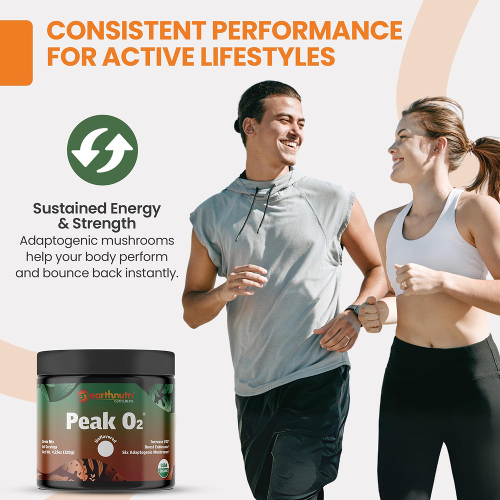 EarthNutri logo with PeakO2 benefits: endurance, stamina, and recovery