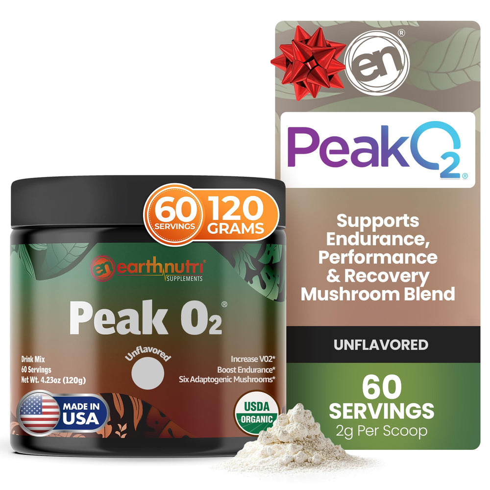 EarthNutri PeakO2 bottle with label signaling a clean endurance-support formula.