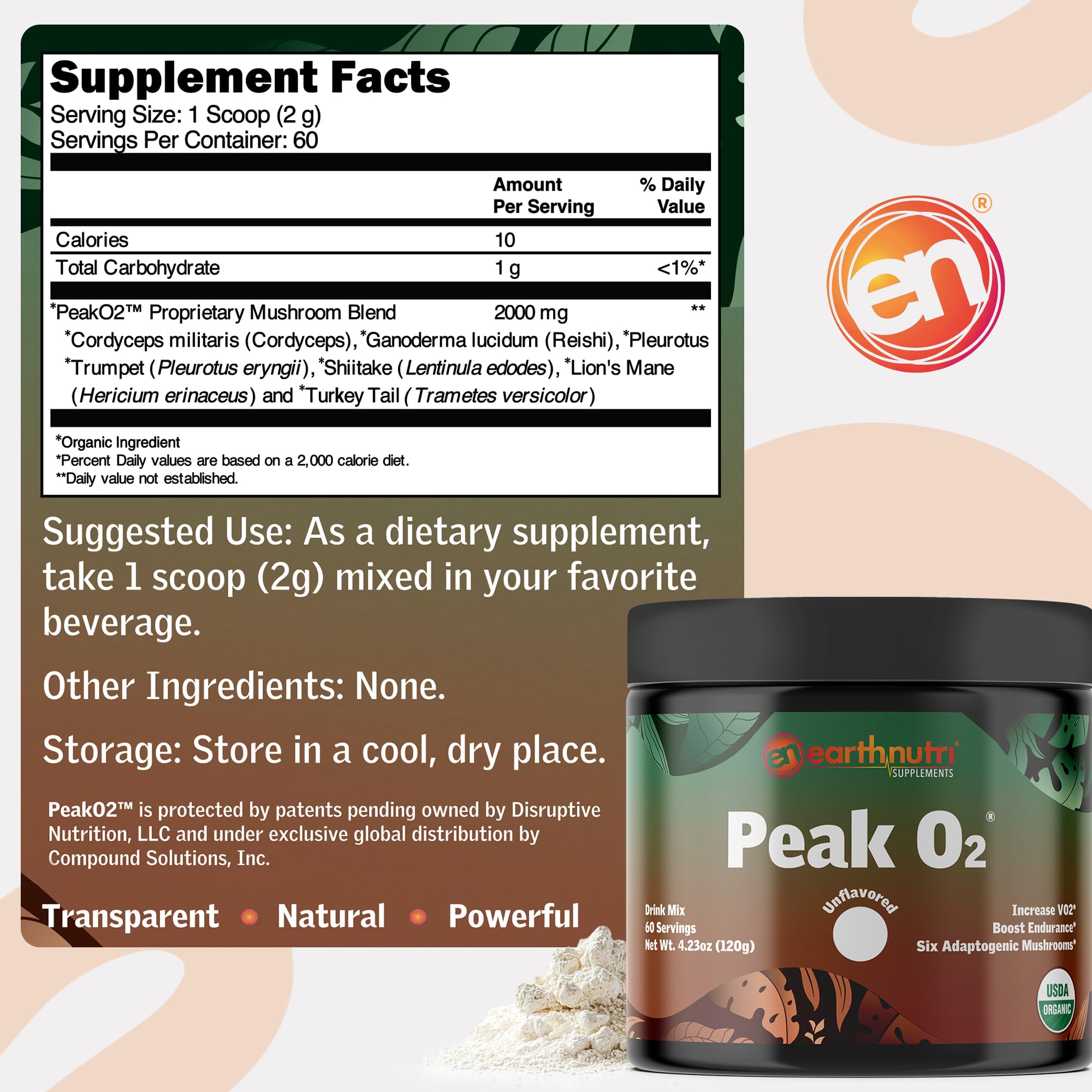 EarthNutri PeakO2 scoop beside container, ready for daily stamina-boosting mix.