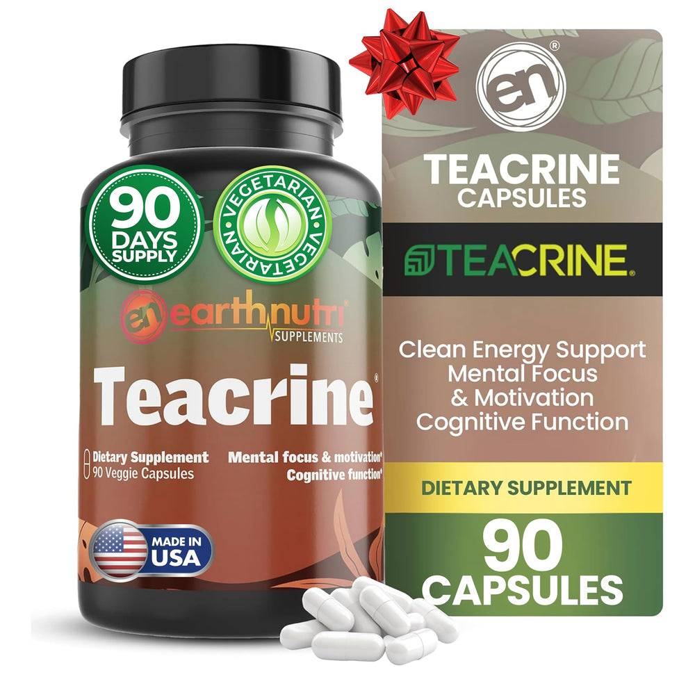 EarthNutri Theacrine energy bottle-front highlights gluten-free capsules for sustained alertness.