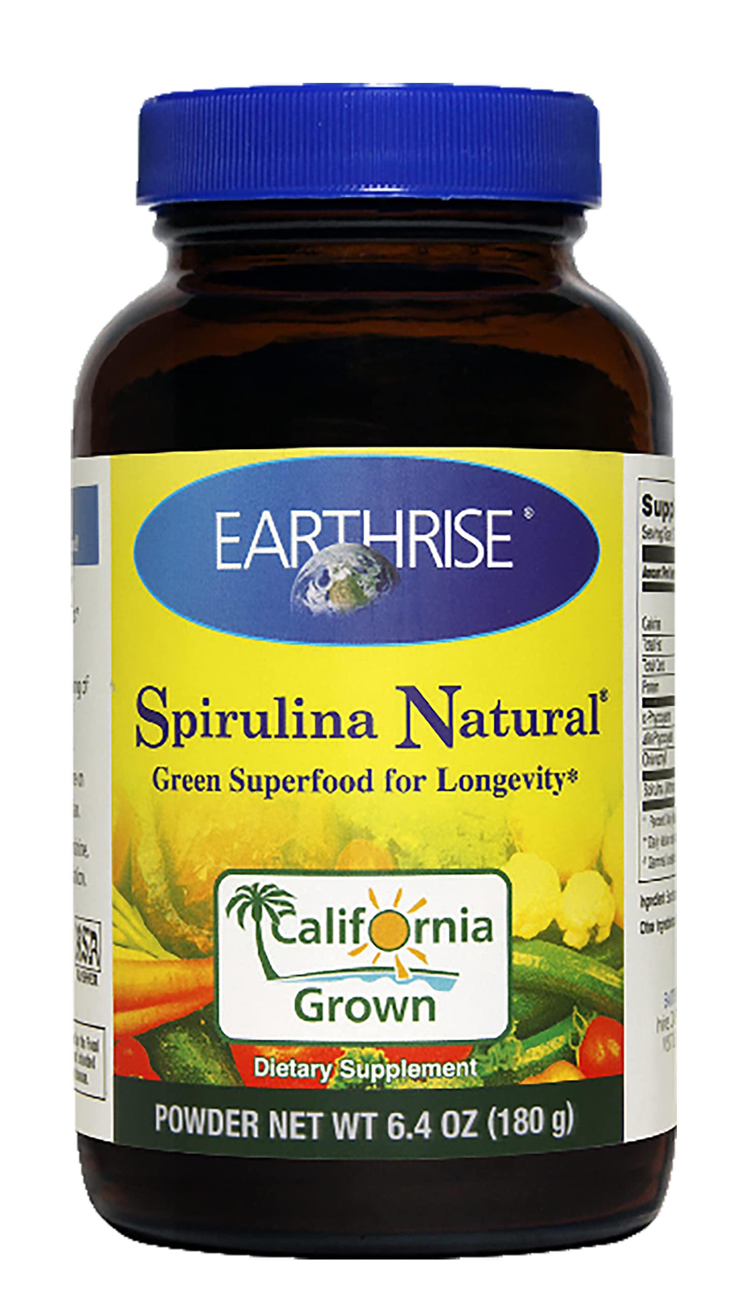 Earthrise Spirulina Powder 180g bottle — vibrant green supplement for daily nutrition potential.