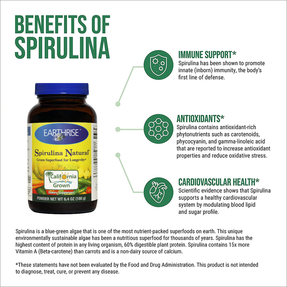 Earthrise spirulina powder jar closeup — rich green powder ideal for mix-ins.