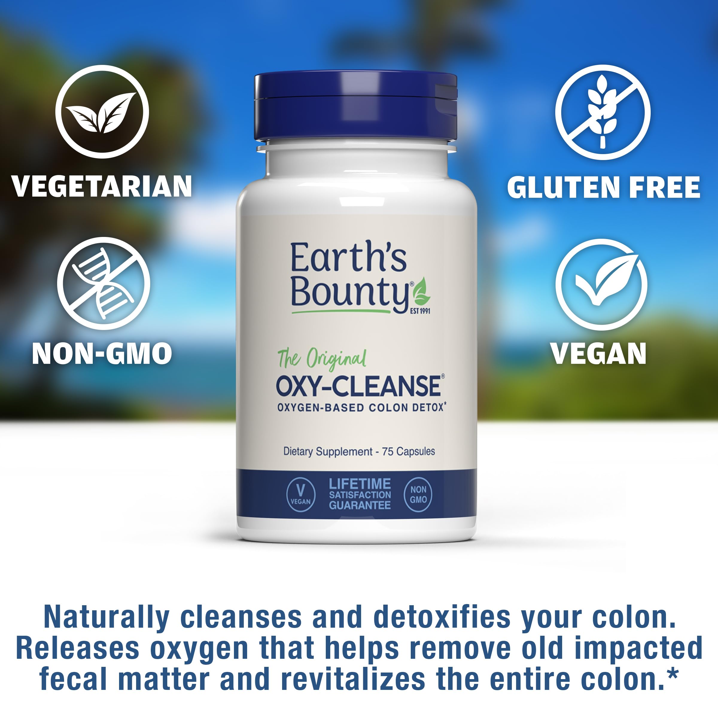 Earth's Bounty Oxy-Cleanse bottle with food icon suggests taking with meals