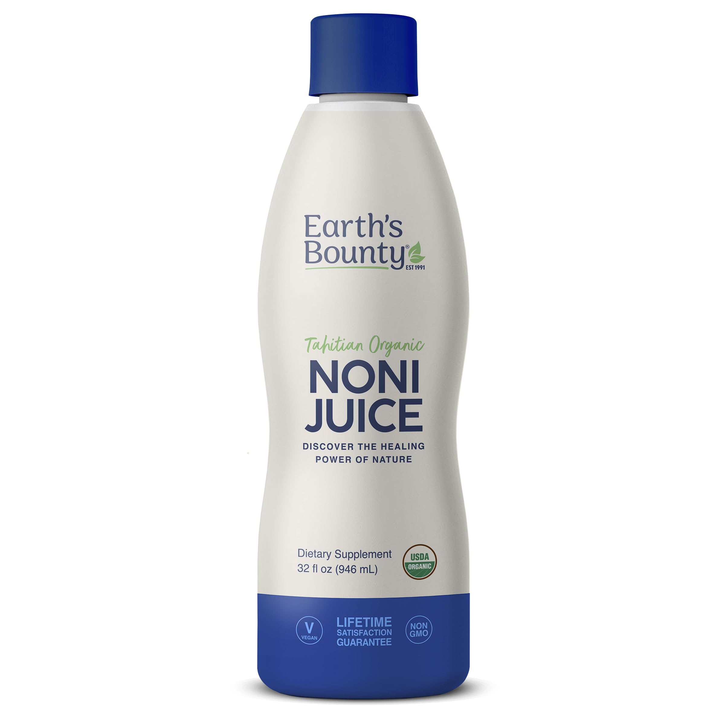 Earth's Bounty Tahitian Organic Noni Juice bottle front label, 32 oz
