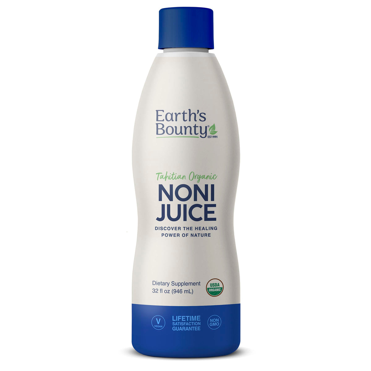 Earth's Bounty Tahitian Organic Noni Juice bottle front label, 32 oz