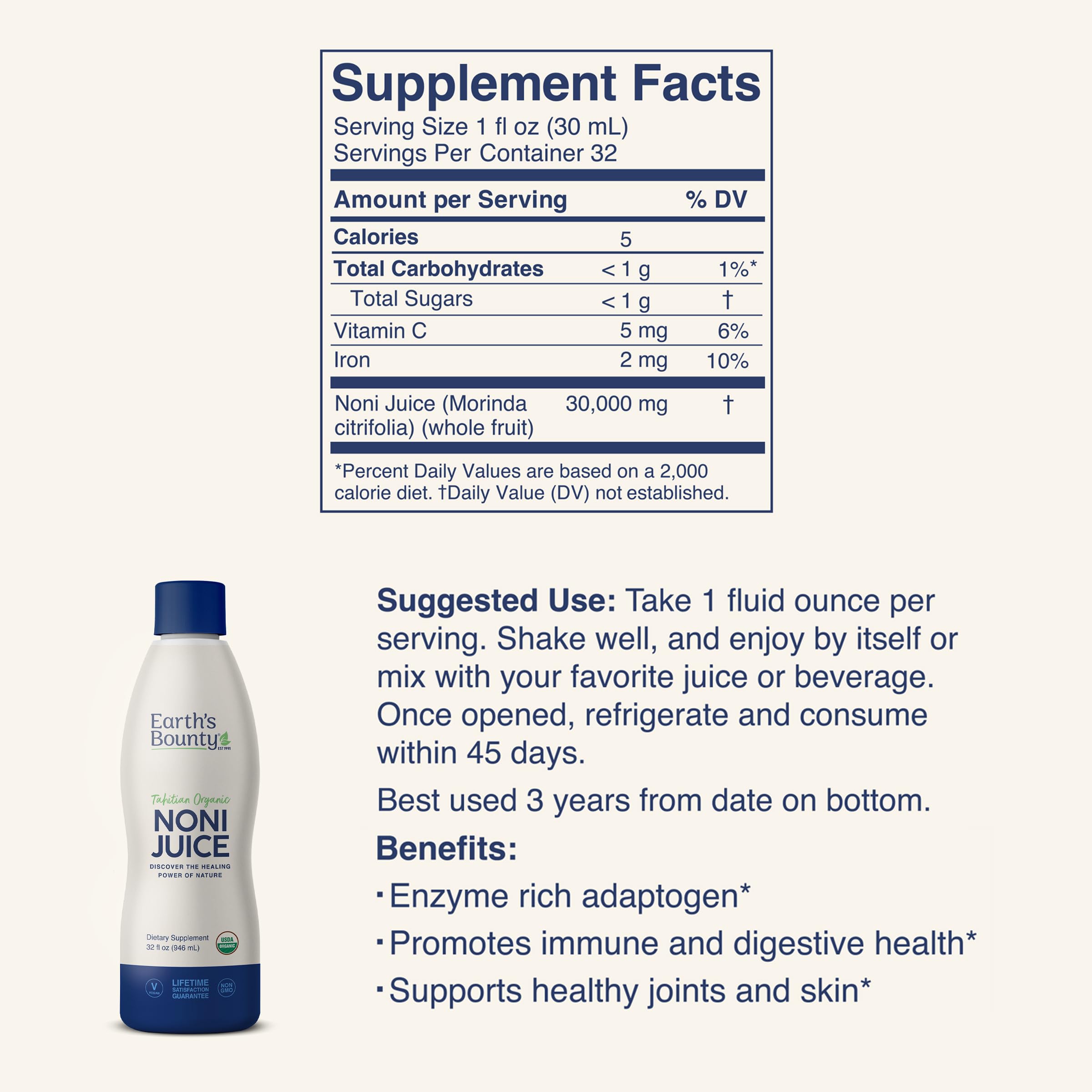 Organic certification seal on Noni Juice label