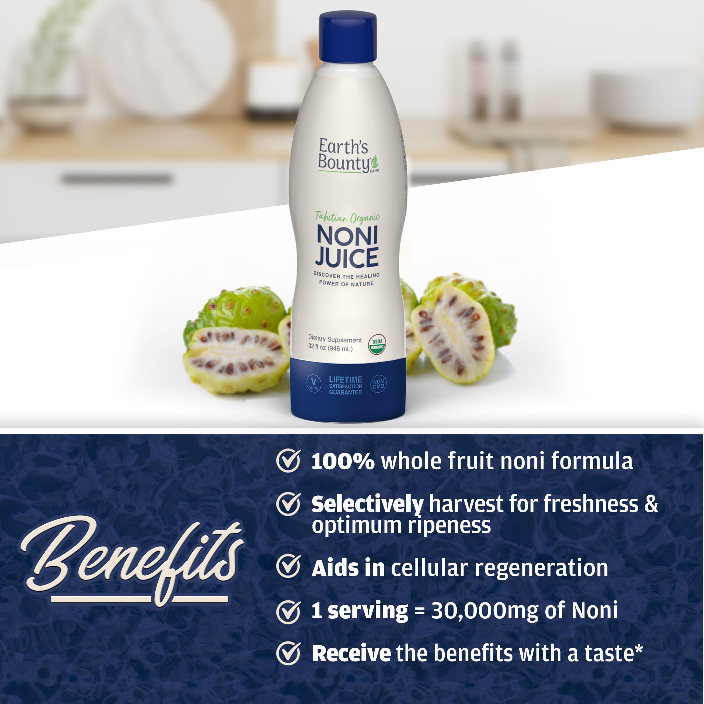 Fresh noni fruit and leaves near bottle