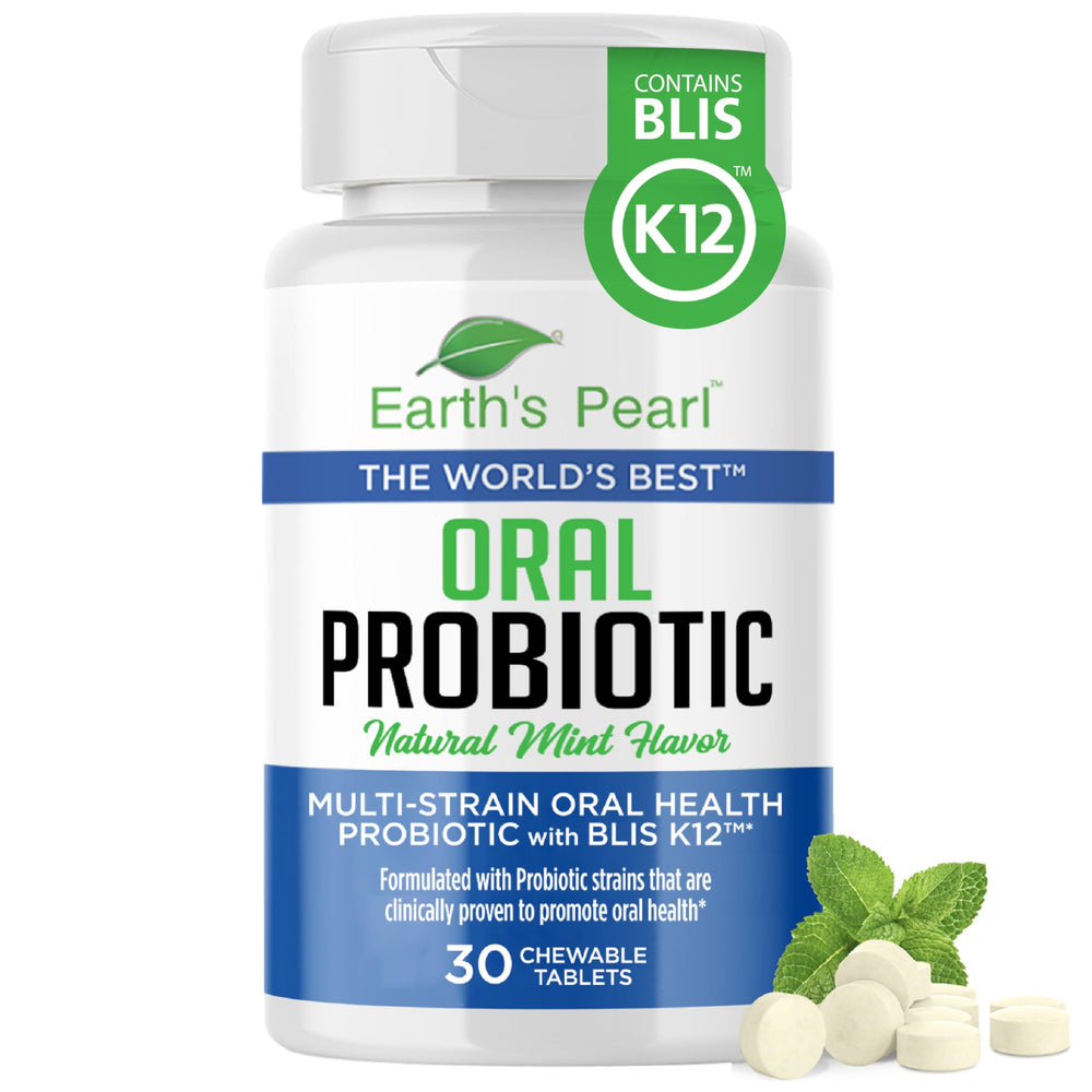 Earth's Pearl Dental Probiotic bottle with BLIS K12 and mint flavor