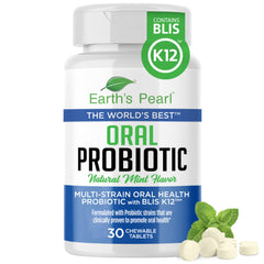 Earth's Pearl Dental Probiotic bottle with BLIS K12 and mint flavor