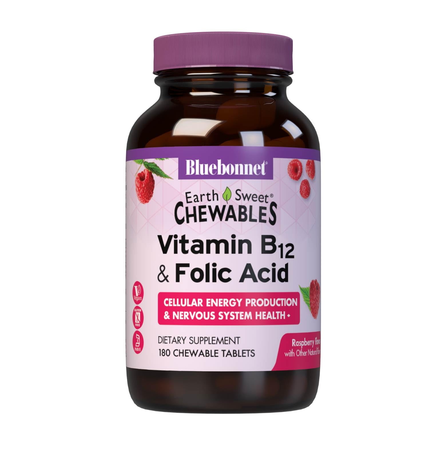 Front view of Bluebonnet EarthSweet B12 1000 mcg + Folic 400 mcg Raspberry Chewables bottle